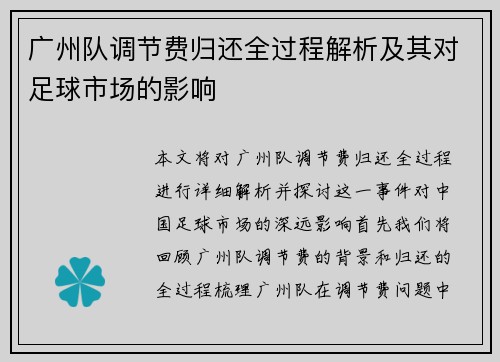 广州队调节费归还全过程解析及其对足球市场的影响