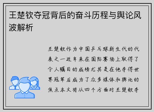 王楚钦夺冠背后的奋斗历程与舆论风波解析